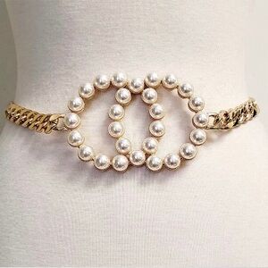 Gold Pearl Double-Ring Chain Waist Statement Belt